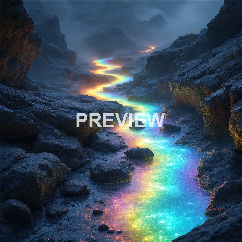 A mystical, foggy landscape showing a narrow river or stream illuminated with vibrant, rainbow-colored lights flowing between dark, rocky cliffs.